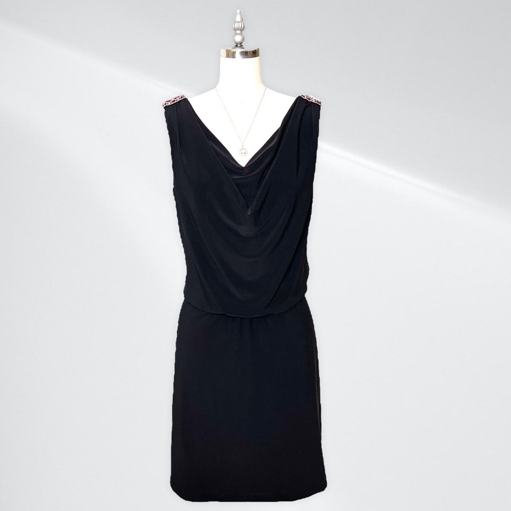 White House Black Market Draped V Neck Dress with Pink Crystal Accents 4 Small